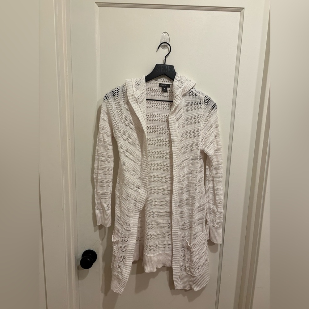 Eddie Bauer White Hooded Cardigan, Cotton & Linen